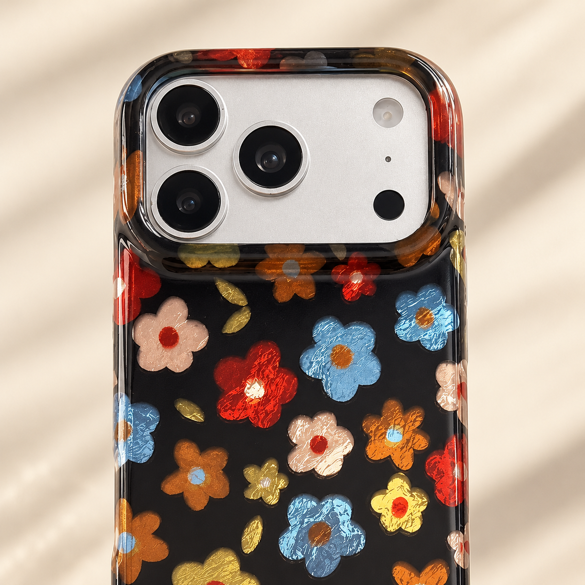 Retro Daisy Floral iPhone Case in Cream or Black — Black Floral, camera detail