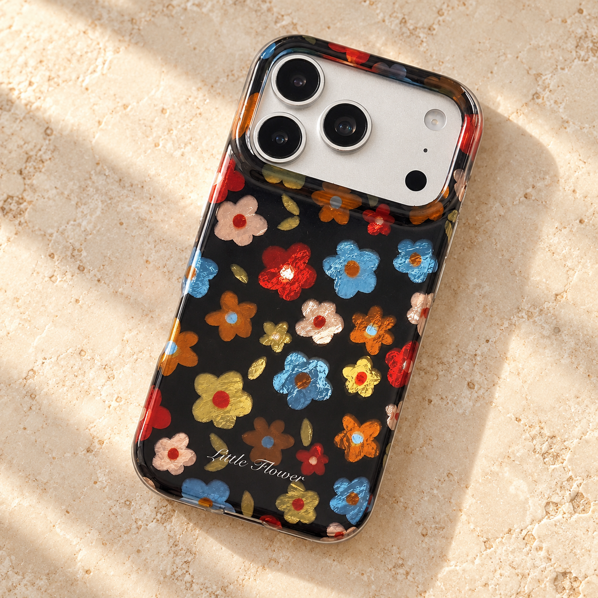 Retro Daisy Floral iPhone Case in Cream or Black — Black Floral, flatlay