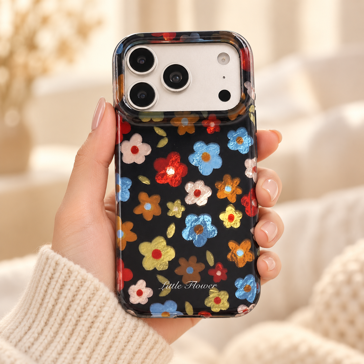 Retro Daisy Floral iPhone Case in Cream or Black — Black Floral, handheld