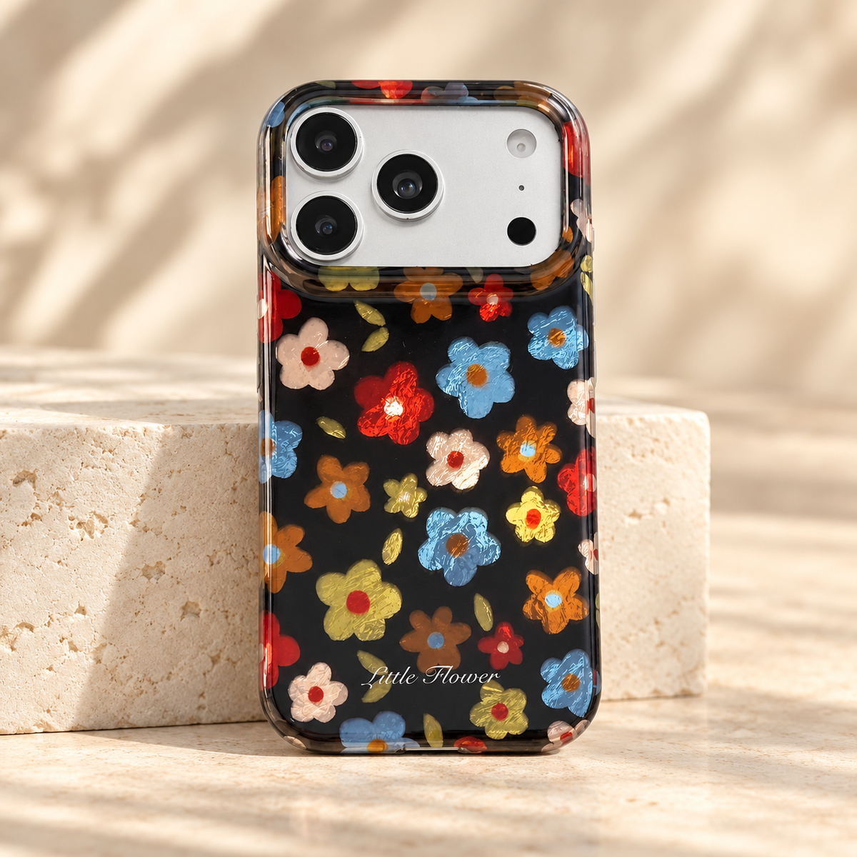 Retro Daisy Floral iPhone Case in Cream or Black — Black Floral, hero