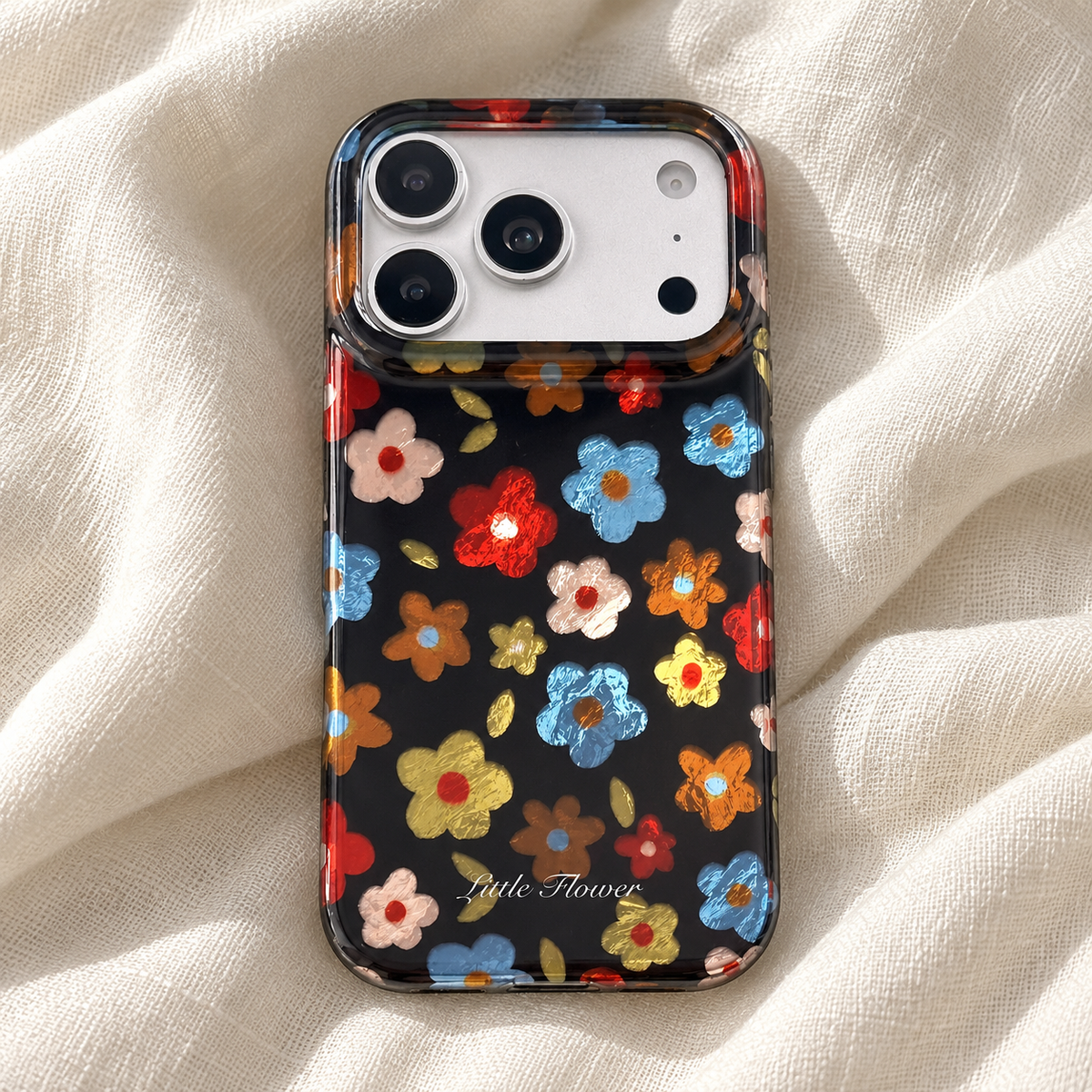 Retro Daisy Floral iPhone Case in Cream or Black — Black Floral, linen setting