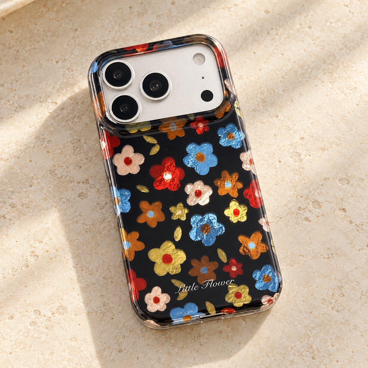 Retro Daisy Floral iPhone Case in Cream or Black — Black Floral, oblique