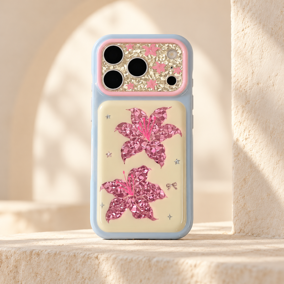 Iridescent Blush Lily iPhone Case — rear view on cream ledge