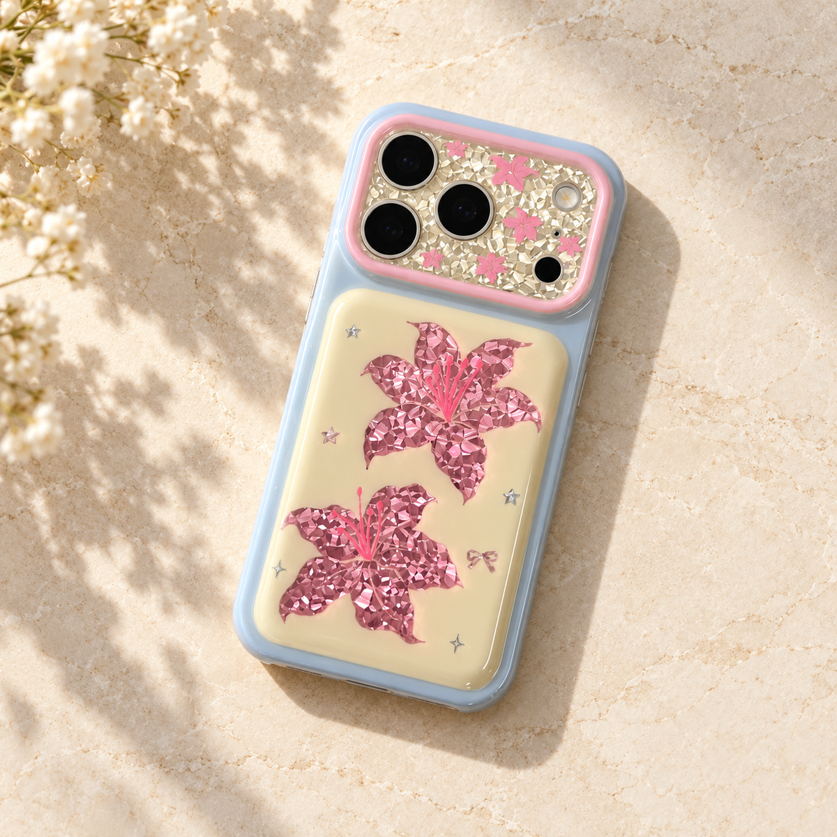 Iridescent Blush Lily iPhone Case — diagonal flatlay