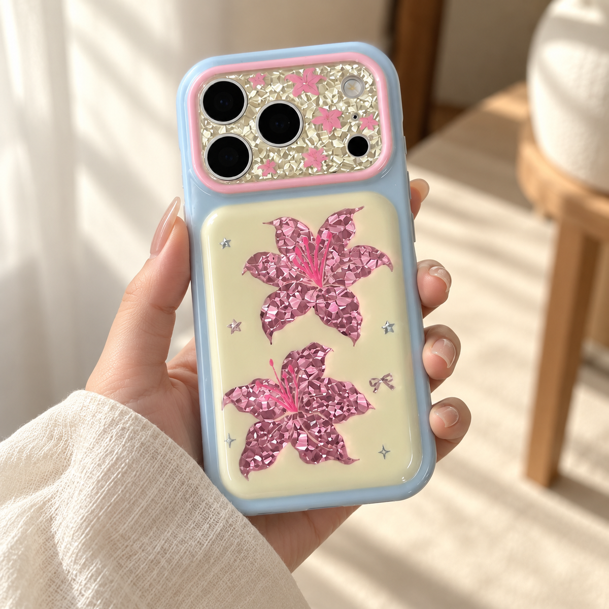 Iridescent Blush Lily iPhone Case — close handheld floral view