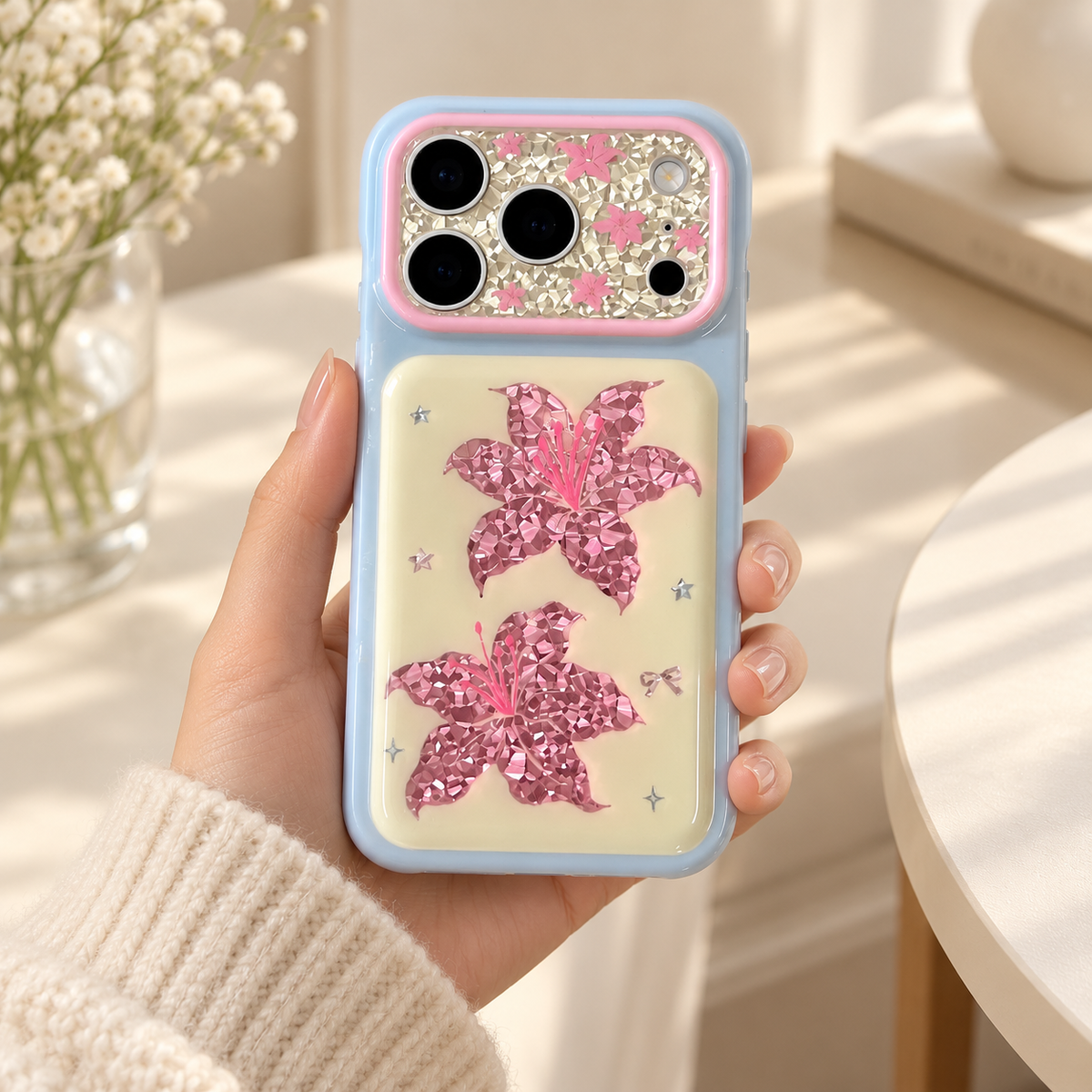 Iridescent Blush Lily iPhone Case — handheld rear view