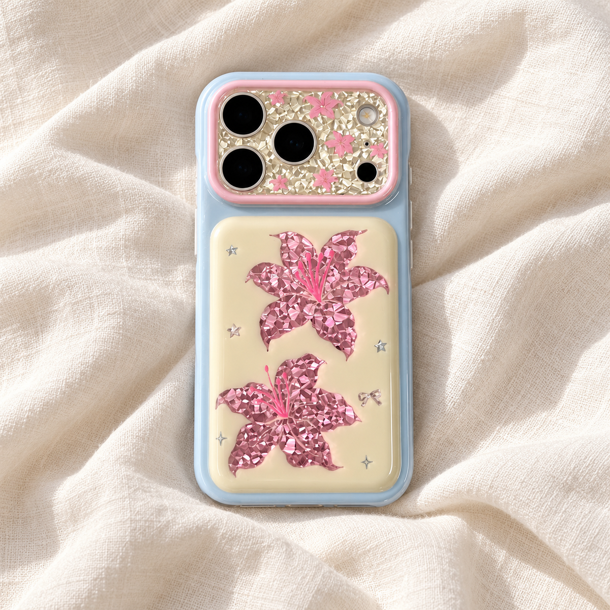 Iridescent Blush Lily iPhone Case — portrait view on ivory linen