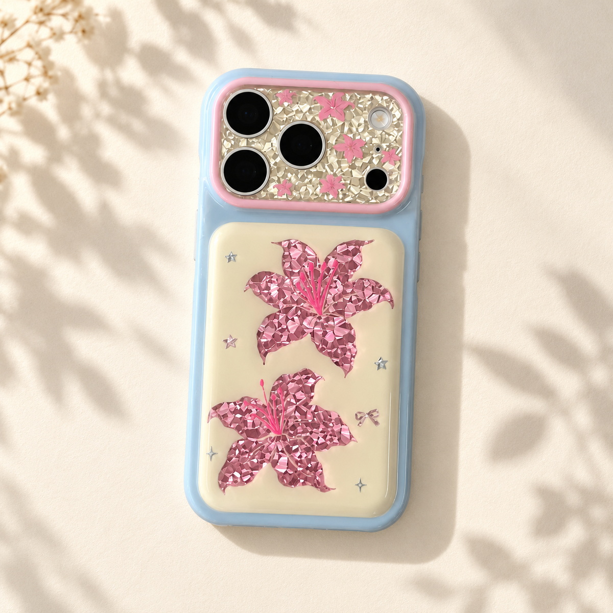 Iridescent Blush Lily iPhone Case — direct overhead view on cream paper