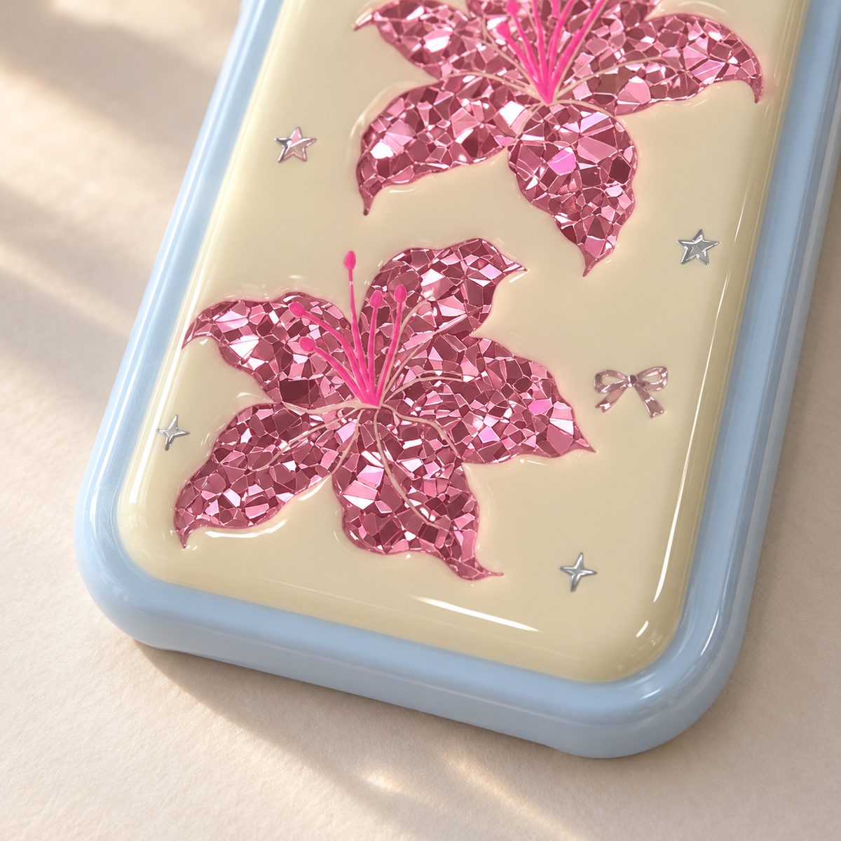 Iridescent Blush Lily iPhone Case — pastel blue lower corner detail