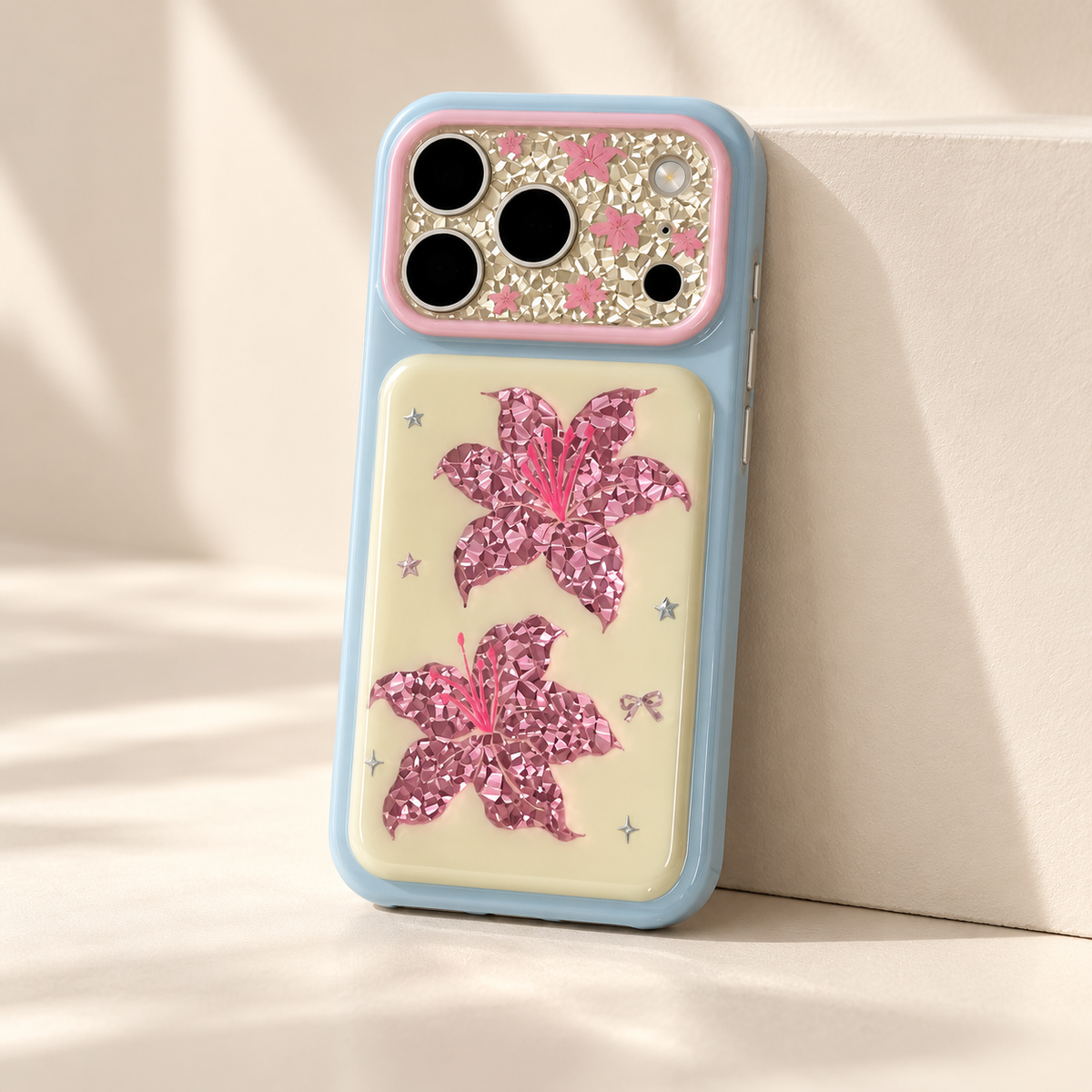 Iridescent Blush Lily iPhone Case — slight rear angle from right