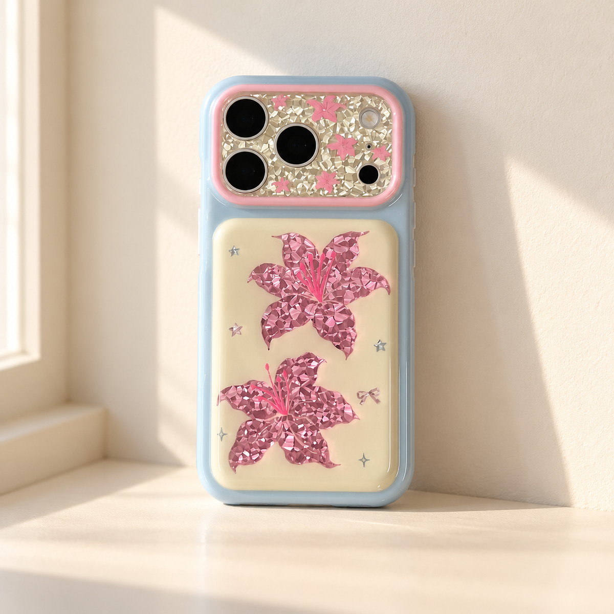 Iridescent Blush Lily iPhone Case — window-lit rear view