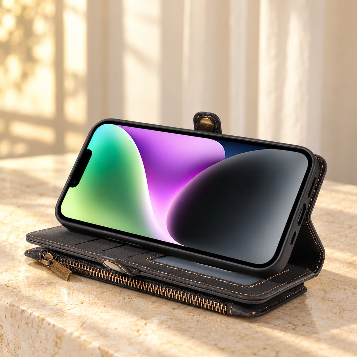 BlushCarry Black wallet phone case folded into a landscape viewing stand with the straight edge zipper visible.