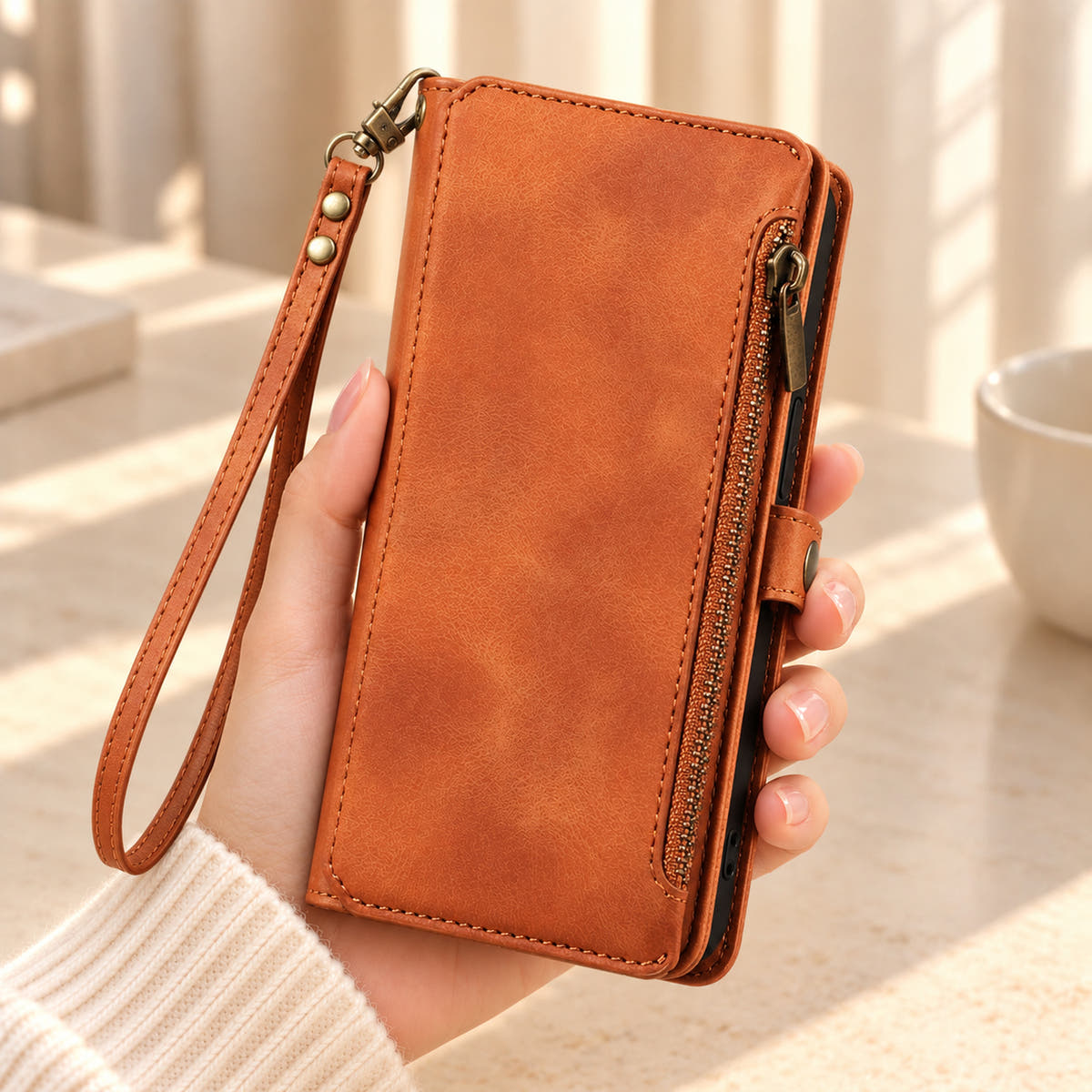 Handheld close-up of the Brown BlushCarry wallet phone case with straight edge zip and matching wrist strap.