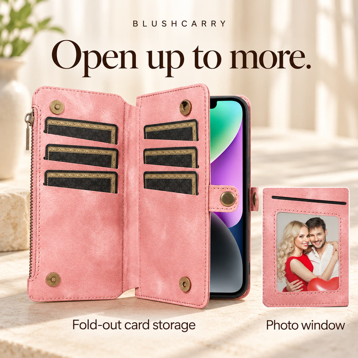 BlushCarry Pink wallet case showing its expanded fold-out card section and a close-up of the inner photo window.