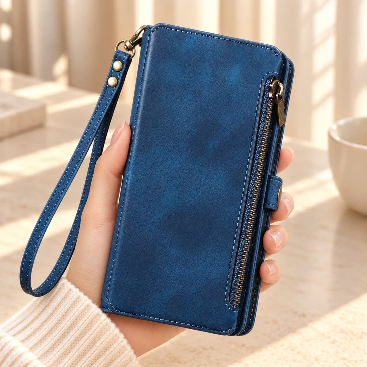 BlushCarry Navy Blue wallet phone case held in hand, showing its straight edge zip pocket and matching wrist strap.