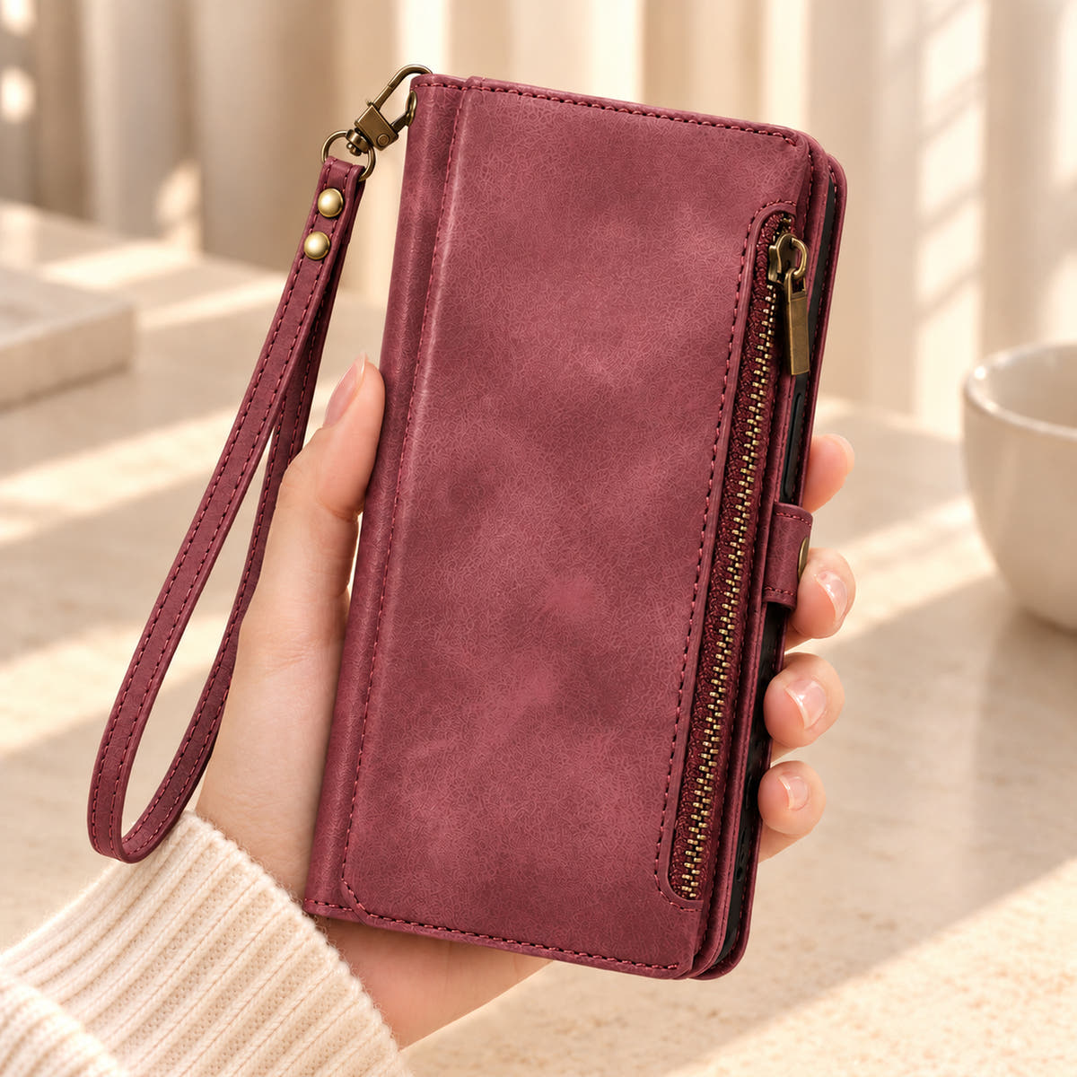 Handheld close-up of the Plum BlushCarry wallet phone case with straight edge zip and matching wrist strap.