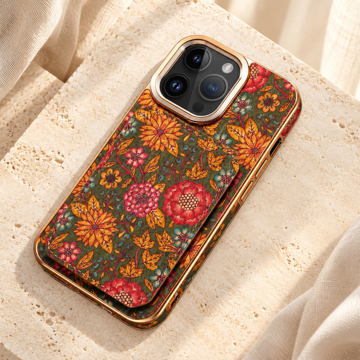 Bohemian gold-trim iPhone card holder case in Design #1 showing the printed wallet panel and gold-tone frame on cream limestone