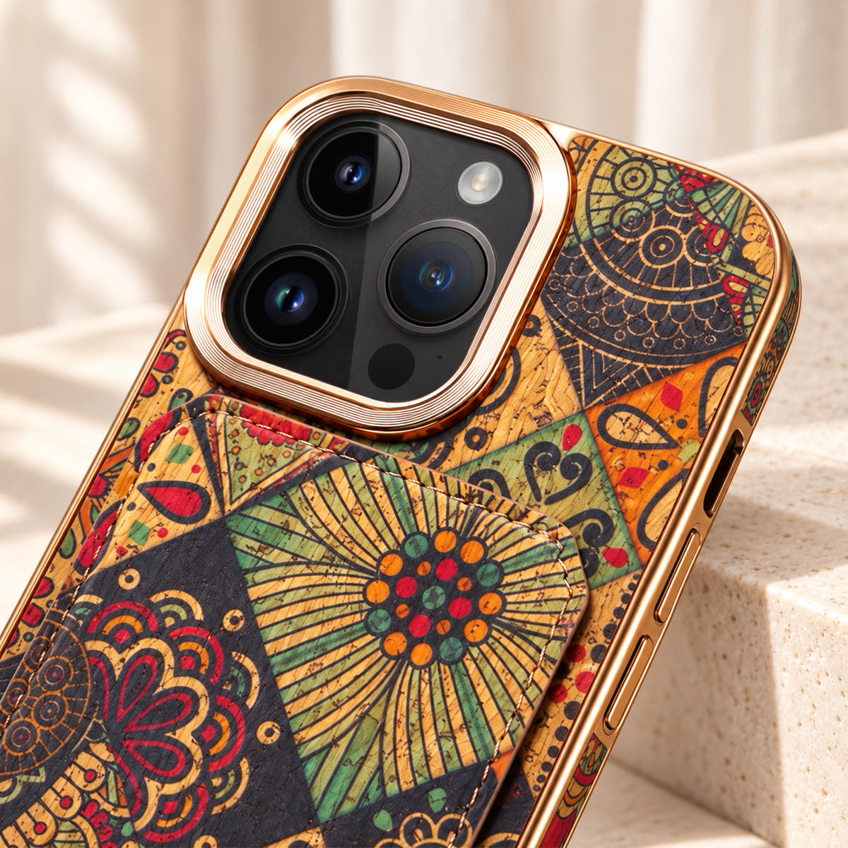 Bohemian gold-trim iPhone card holder case in Design #2 showing the gold-tone camera border and printed upper panel