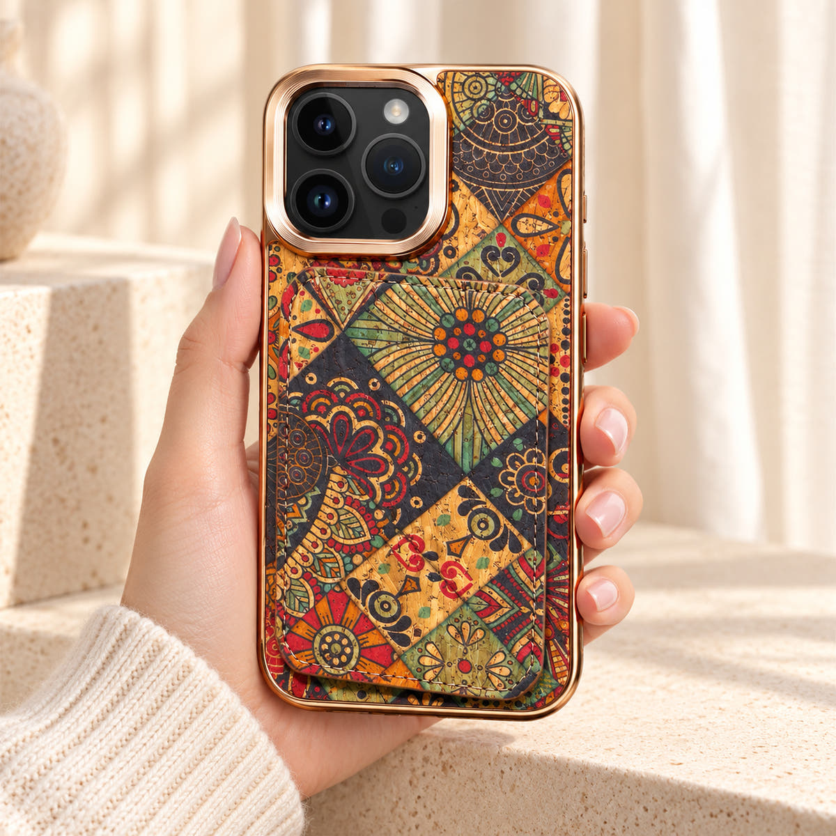 Bohemian gold-trim iPhone card holder case in Design #2 showing the full printed rear wallet held in a cream-sleeve hand