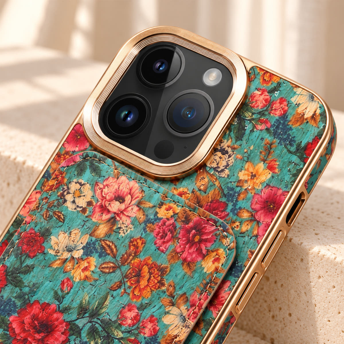 Bohemian gold-trim iPhone card holder case in Design #3 showing the gold-tone camera border and printed upper panel