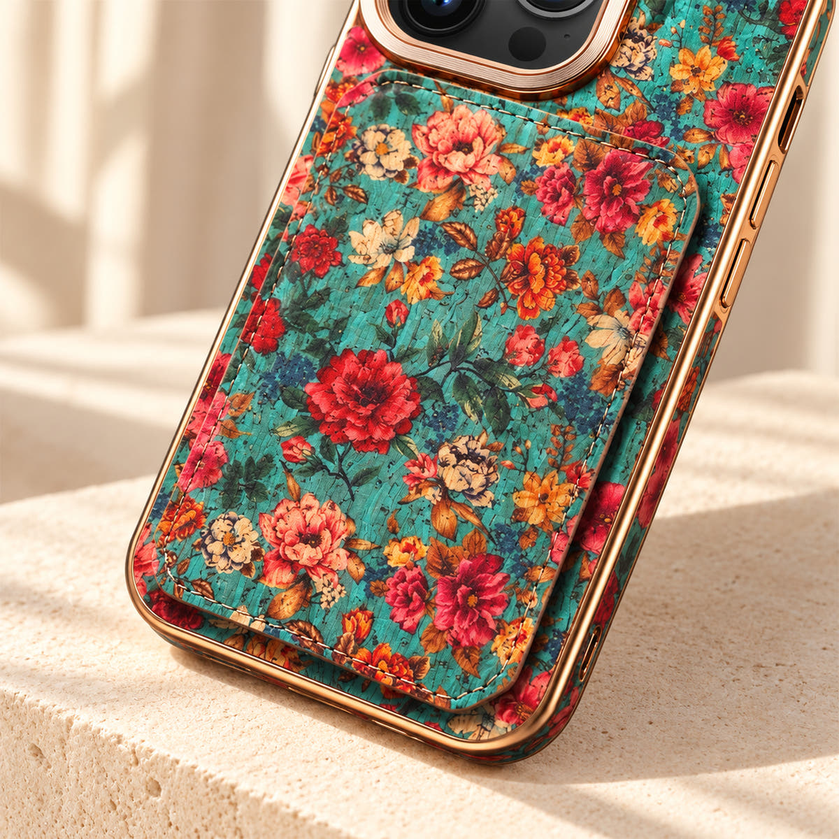 Bohemian gold-trim iPhone card holder case in Design #3 showing the pattern, texture and stitched rear wallet edge