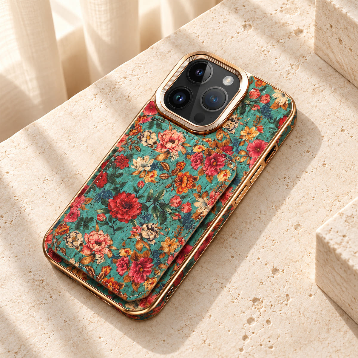 Bohemian gold-trim iPhone card holder case in Design #3 showing the printed wallet panel and gold-tone frame on cream limestone