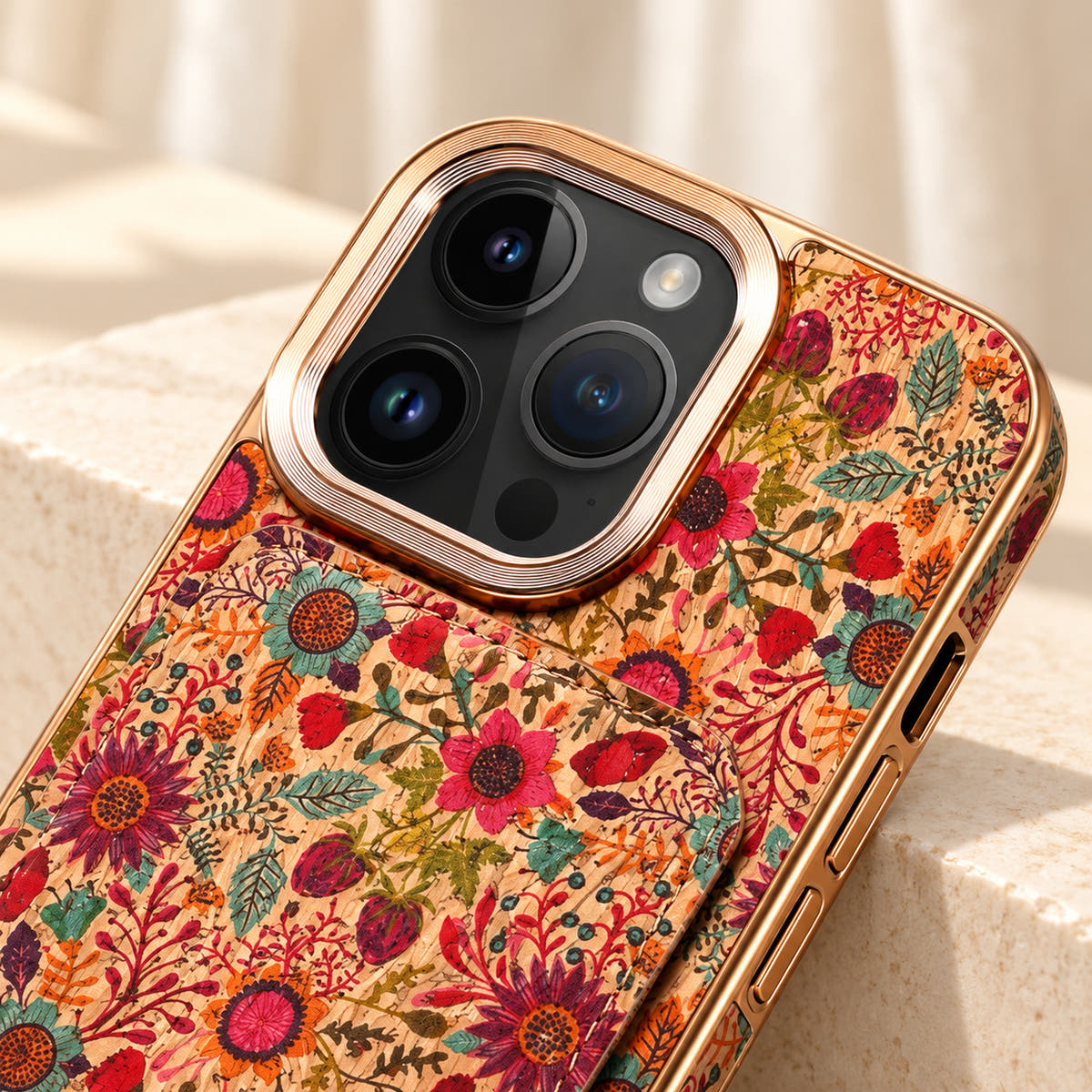 Bohemian gold-trim iPhone card holder case in Design #4 showing the gold-tone camera border and printed upper panel