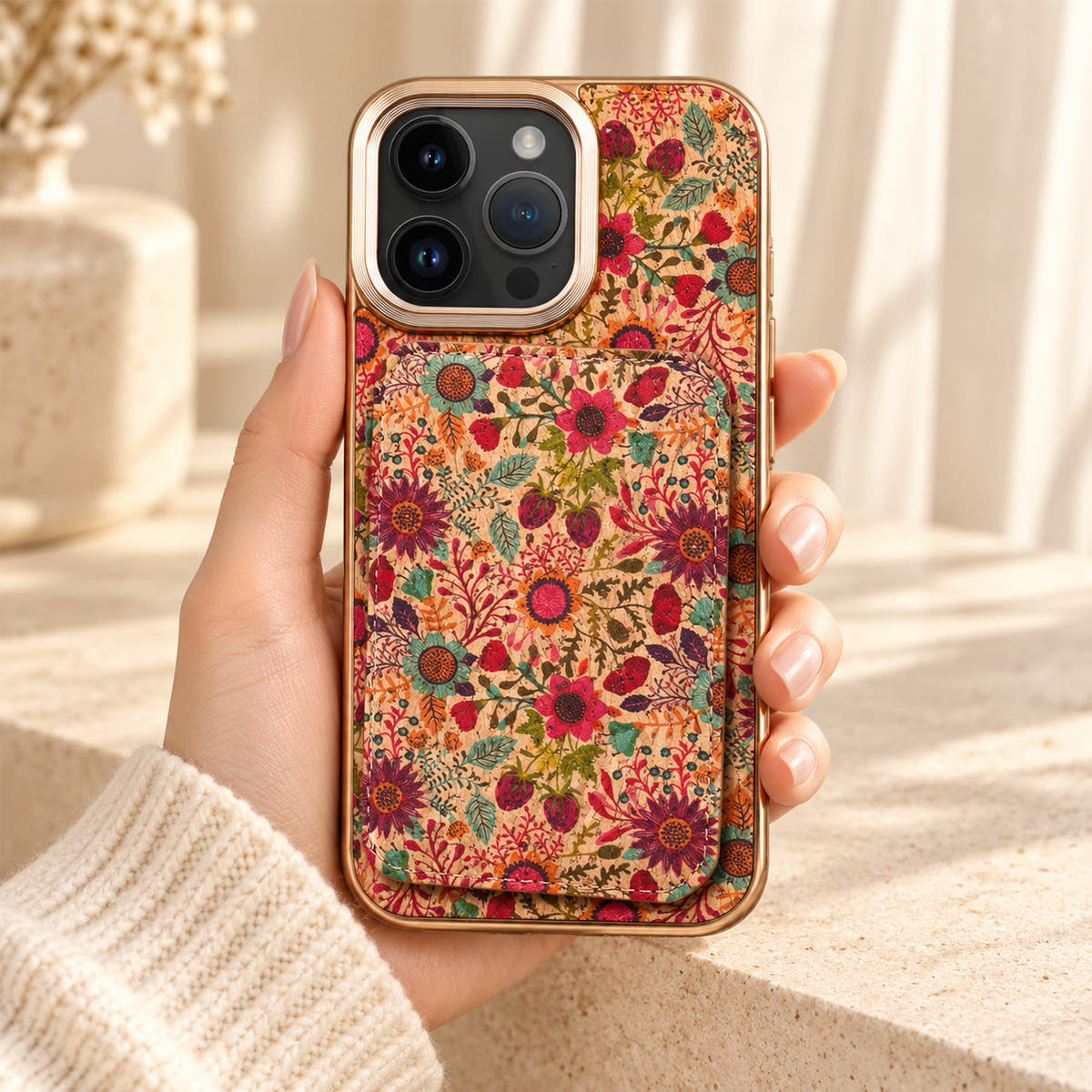 Bohemian gold-trim iPhone card holder case in Design #4 showing the full printed rear wallet held in a cream-sleeve hand
