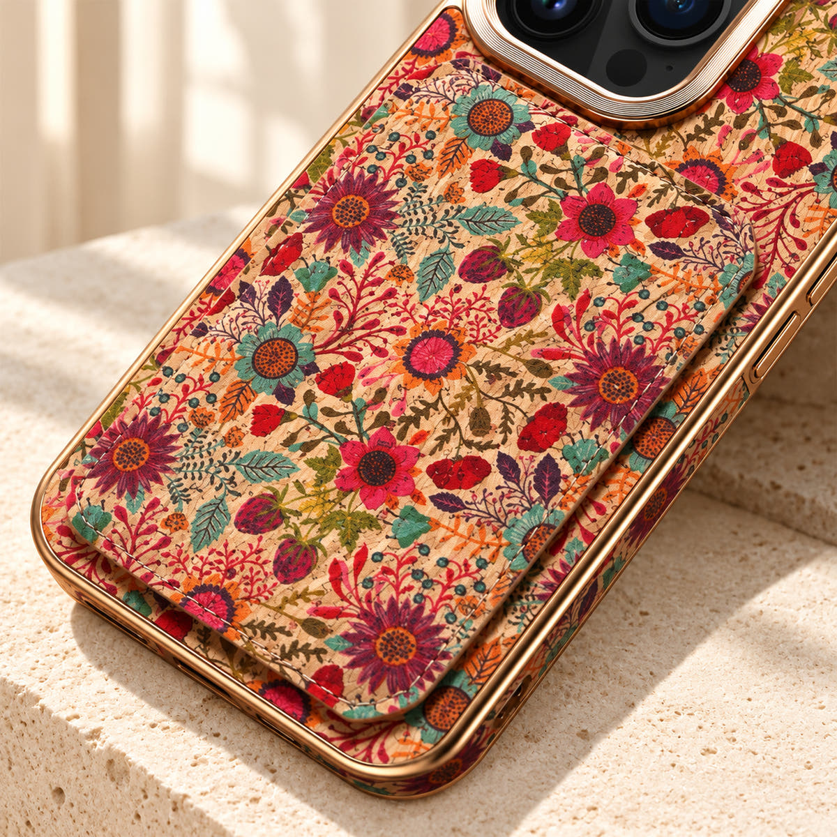 Bohemian gold-trim iPhone card holder case in Design #4 showing the pattern, texture and stitched rear wallet edge