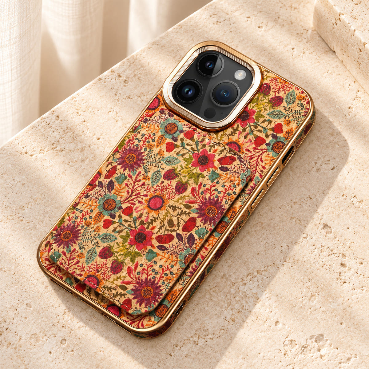 Bohemian gold-trim iPhone card holder case in Design #4 showing the printed wallet panel and gold-tone frame on cream limestone