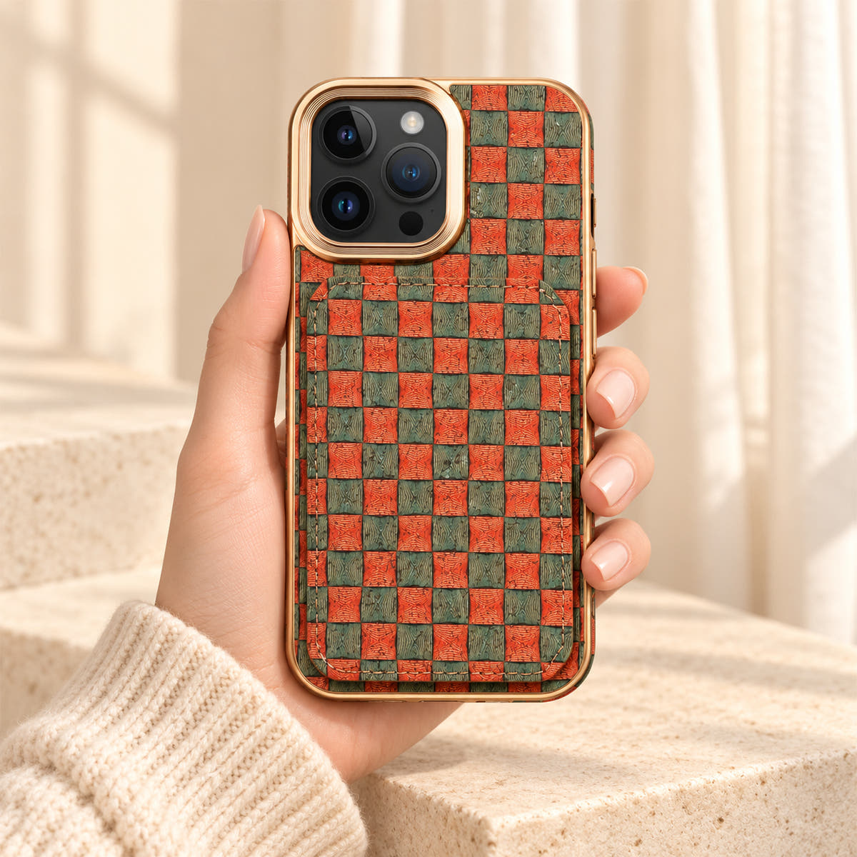 Bohemian gold-trim iPhone card holder case in Design #5 showing the full printed rear wallet held in a cream-sleeve hand