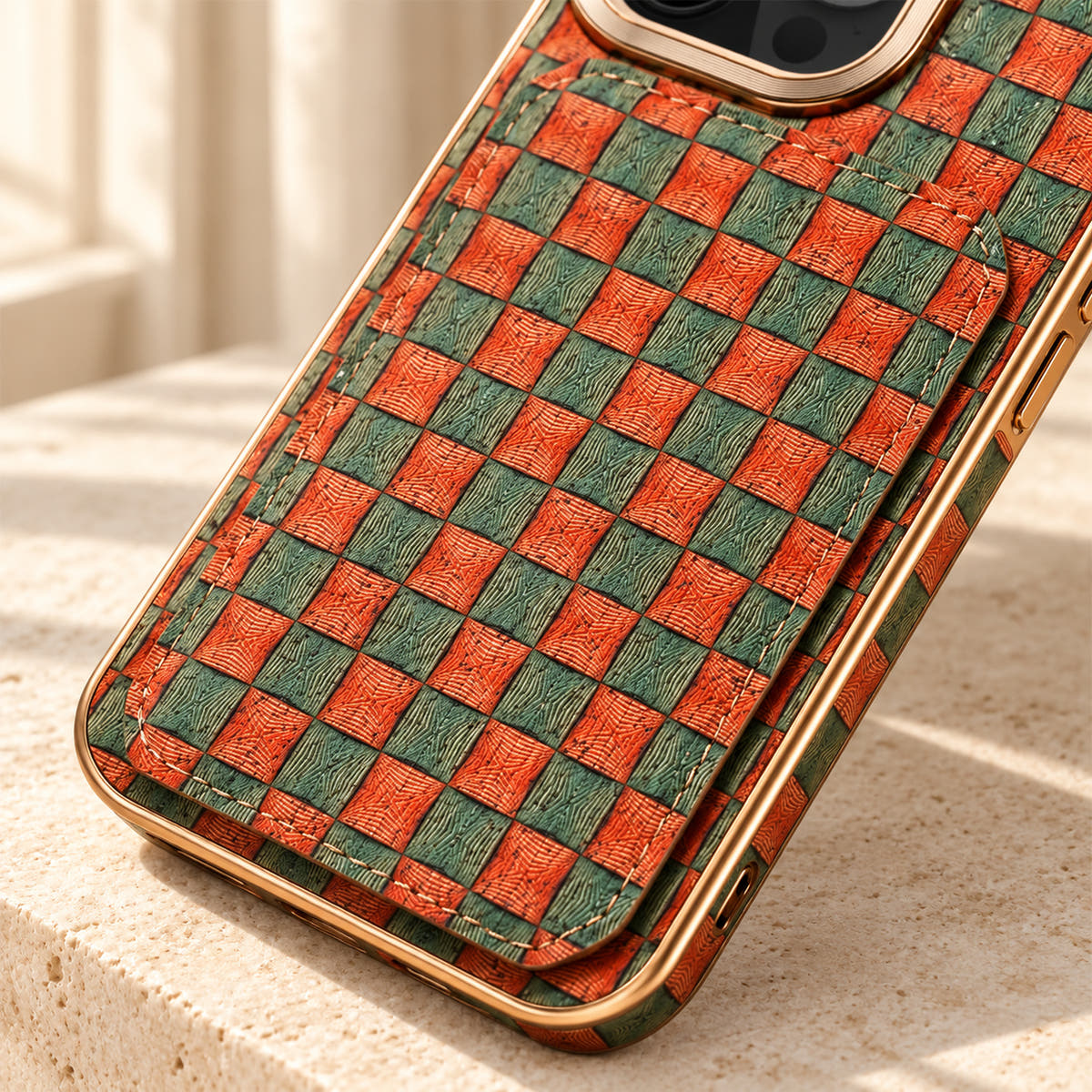 Bohemian gold-trim iPhone card holder case in Design #5 showing the pattern, texture and stitched rear wallet edge