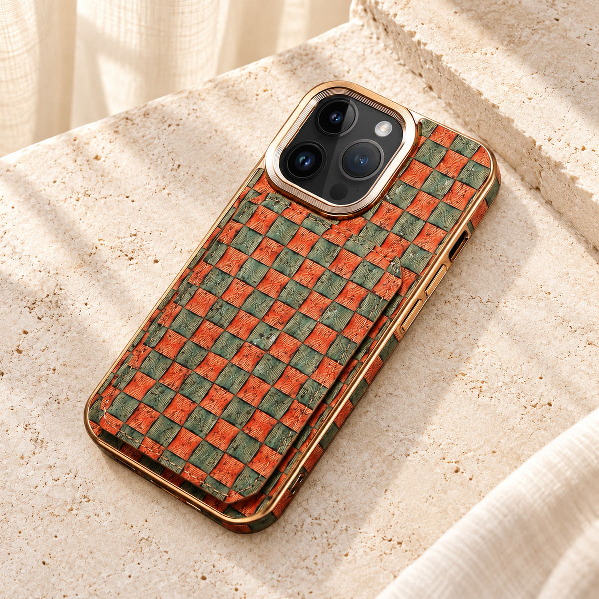 Bohemian gold-trim iPhone card holder case in Design #5 showing the printed wallet panel and gold-tone frame on cream limestone