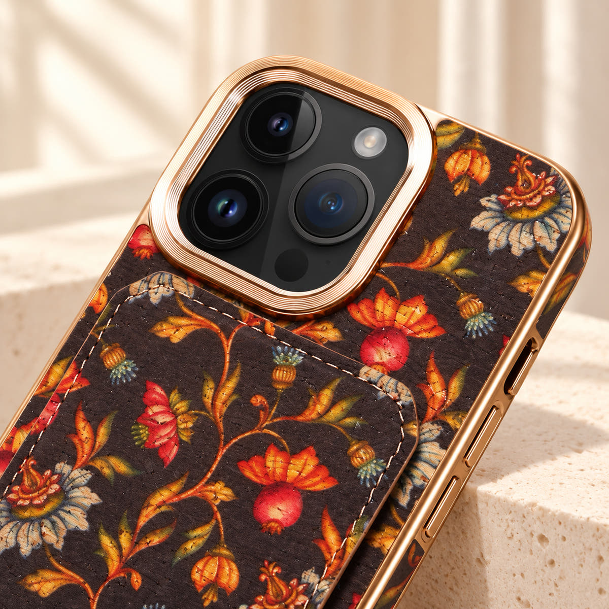 Bohemian gold-trim iPhone card holder case in Design #6 showing the gold-tone camera border and printed upper panel