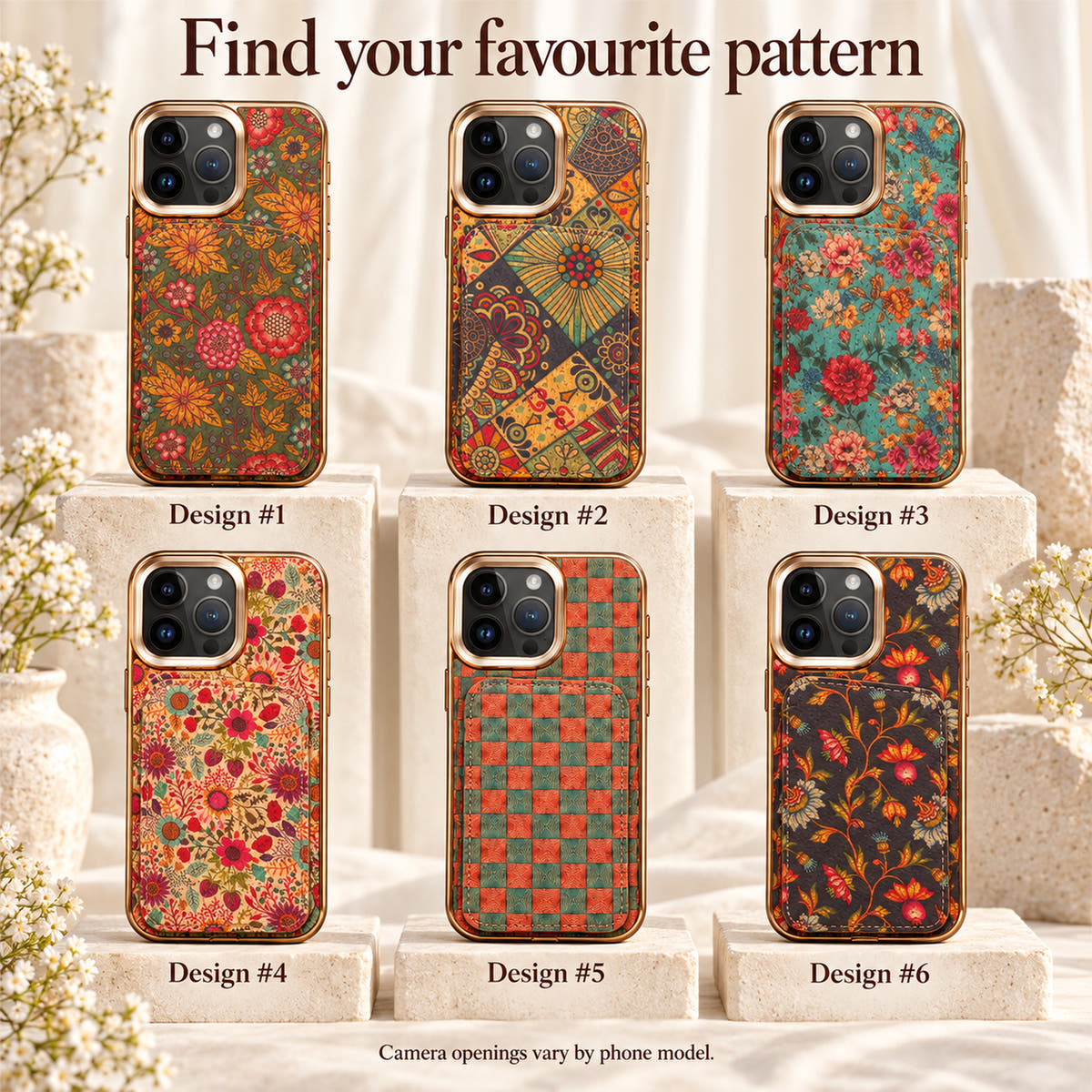 Six Bohemian gold-trim iPhone card holder designs labelled Design 1 through Design 6