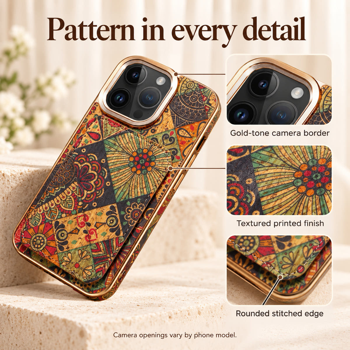 Bohemian Design 2 ornamental print, textured finish and gold-tone camera border detail graphic