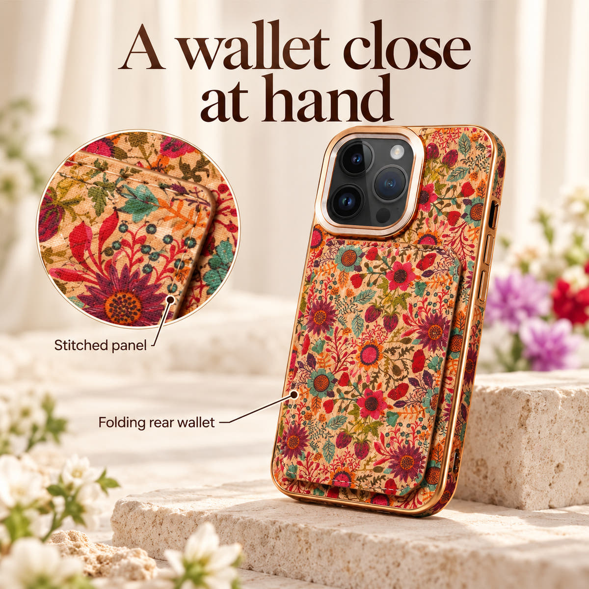 Bohemian gold-trim card holder case with labelled folding rear wallet and stitched panel details
