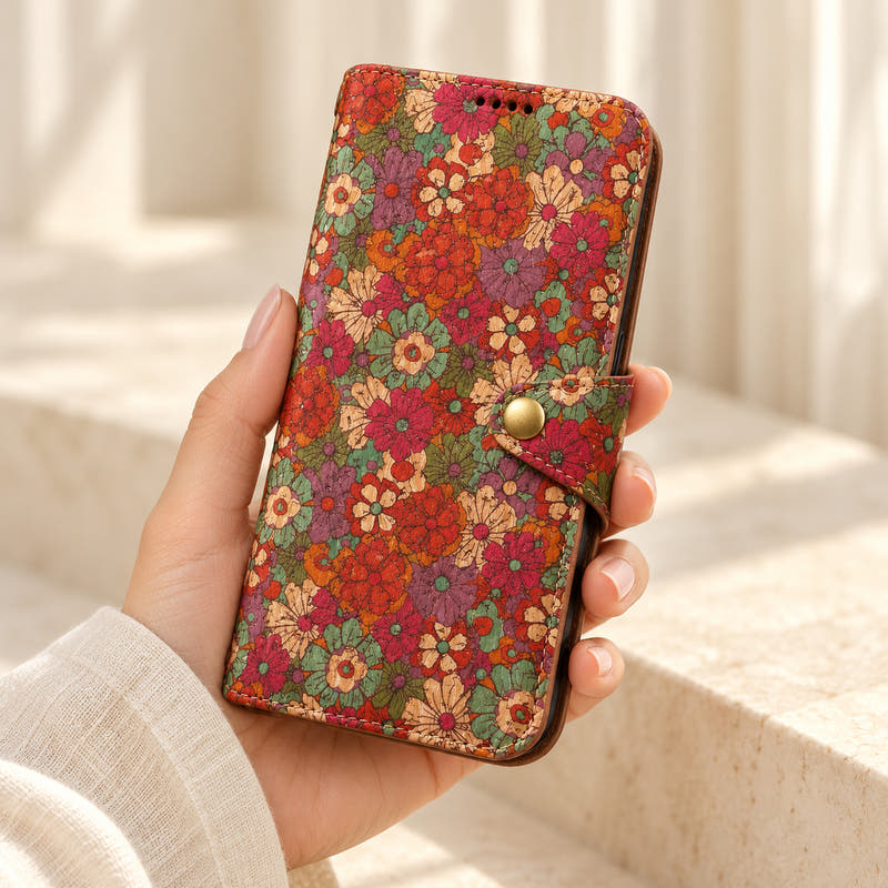 Bohemian Print iPhone Wallet Case in Design #1, held closed to show its printed flip cover and gold-tone button.