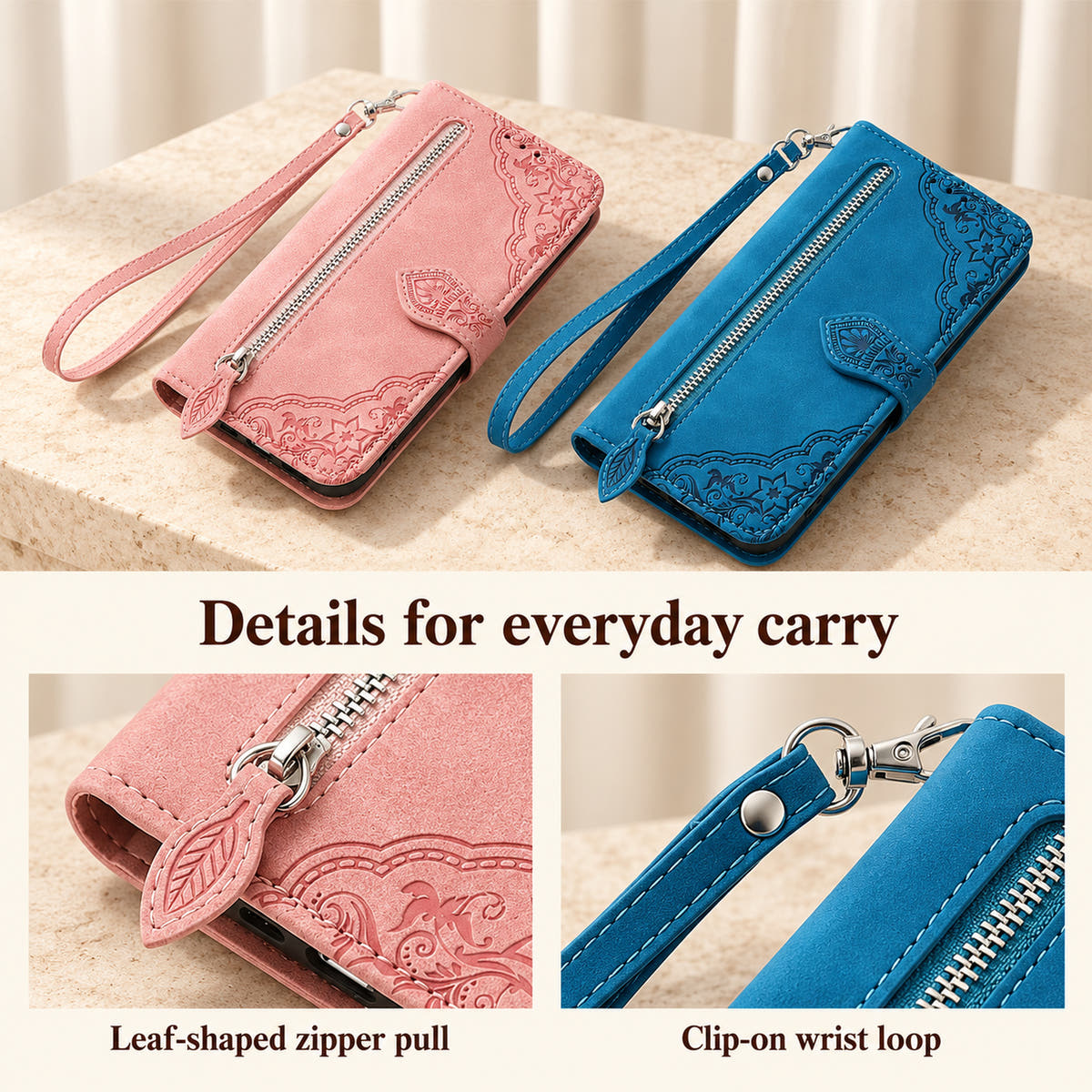 Botanical wallet phone case carry details showing the Pink leaf-shaped zipper pull and Blue clip-on wrist loop with silver hardware.