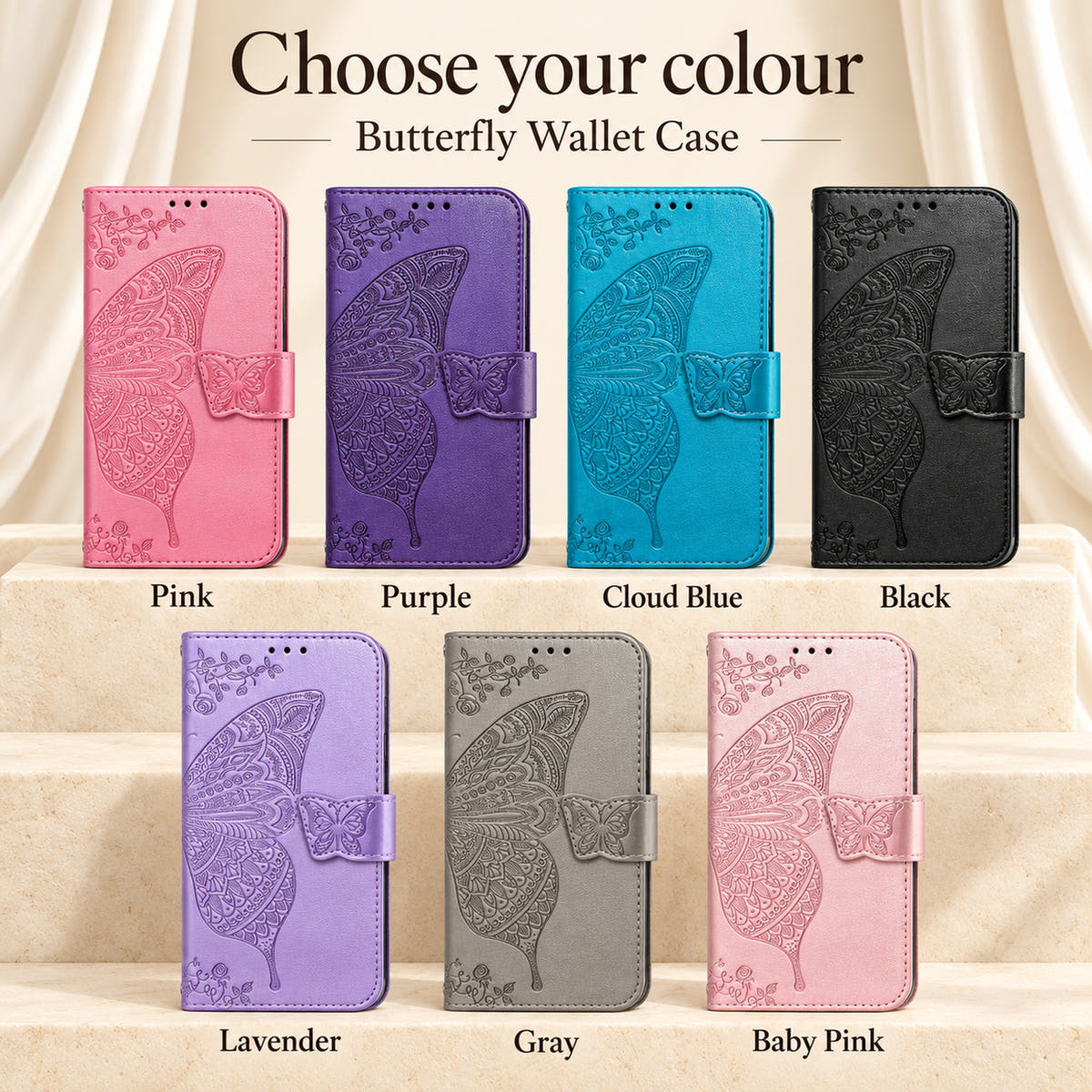 Butterfly wallet iPhone case colour guide showing Pink, Purple, Cloud Blue, Black, Lavender, Gray and Baby Pink.
