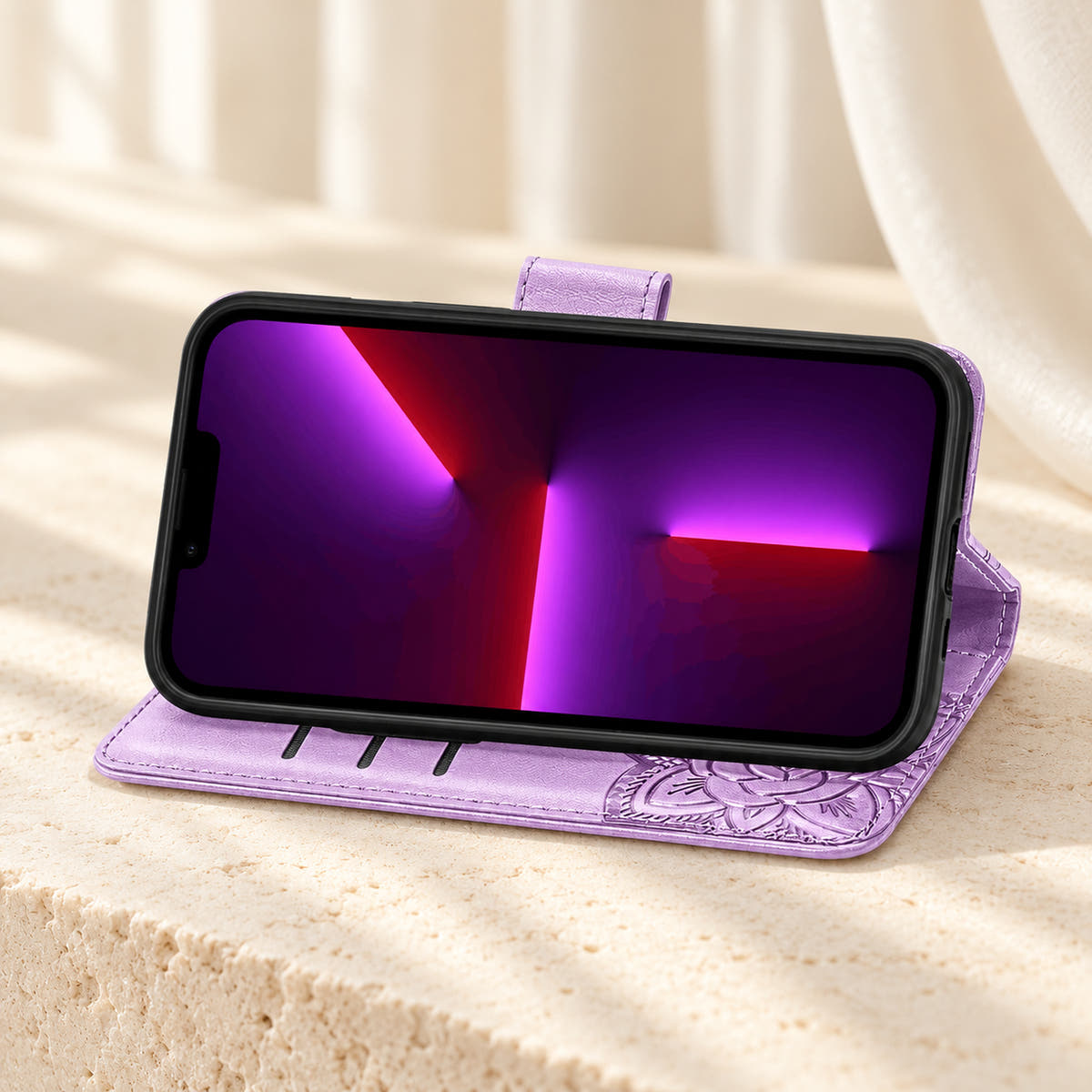 Butterfly iPhone wallet case in Lavender folded into its landscape stand, with the original interior card-slot edges visible.