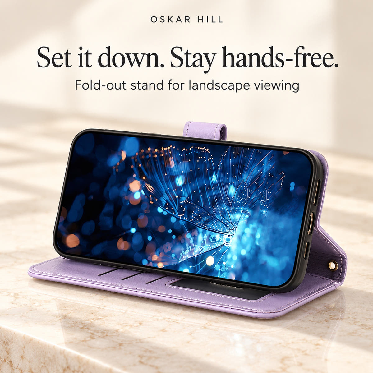 Lavender Butterfly wallet case folded into a landscape viewing stand