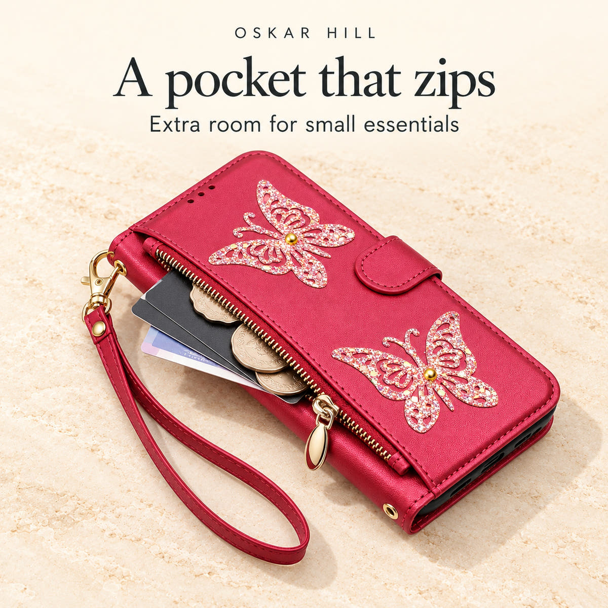 Butterfly wallet case side zip pocket with space for small everyday essentials