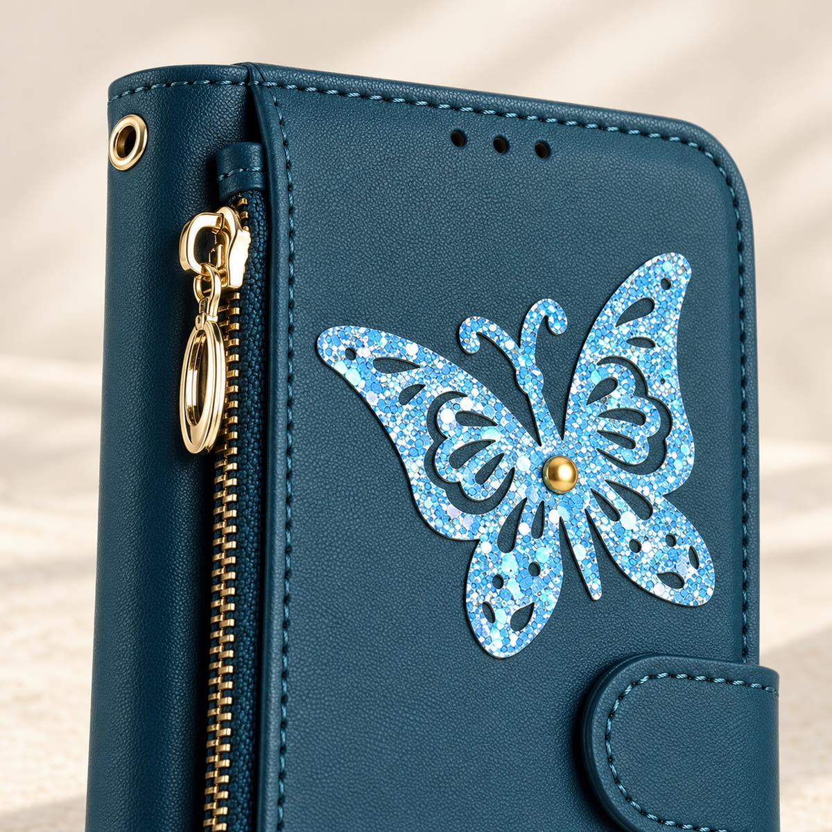Forest Green Butterfly iPhone wallet case — butterfly embellishment, stitching and zip detail
