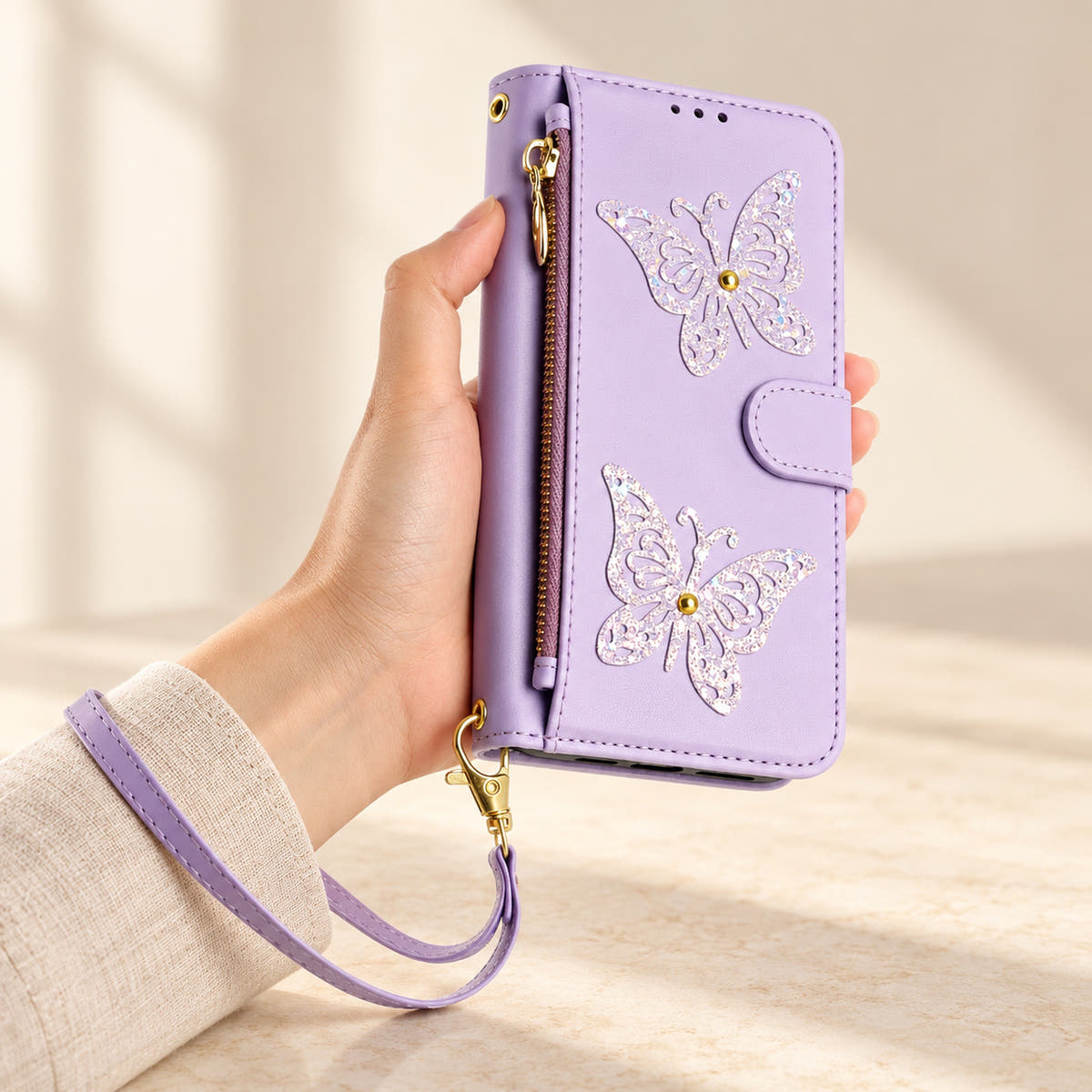 Lavender Butterfly iPhone wallet case — front view with wrist strap