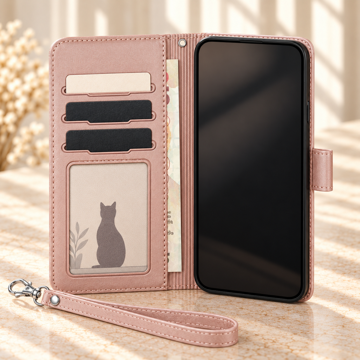 Champagne Pink Cat Garden wallet phone case open with three card slots, a clear ID window and matching detachable wrist strap.