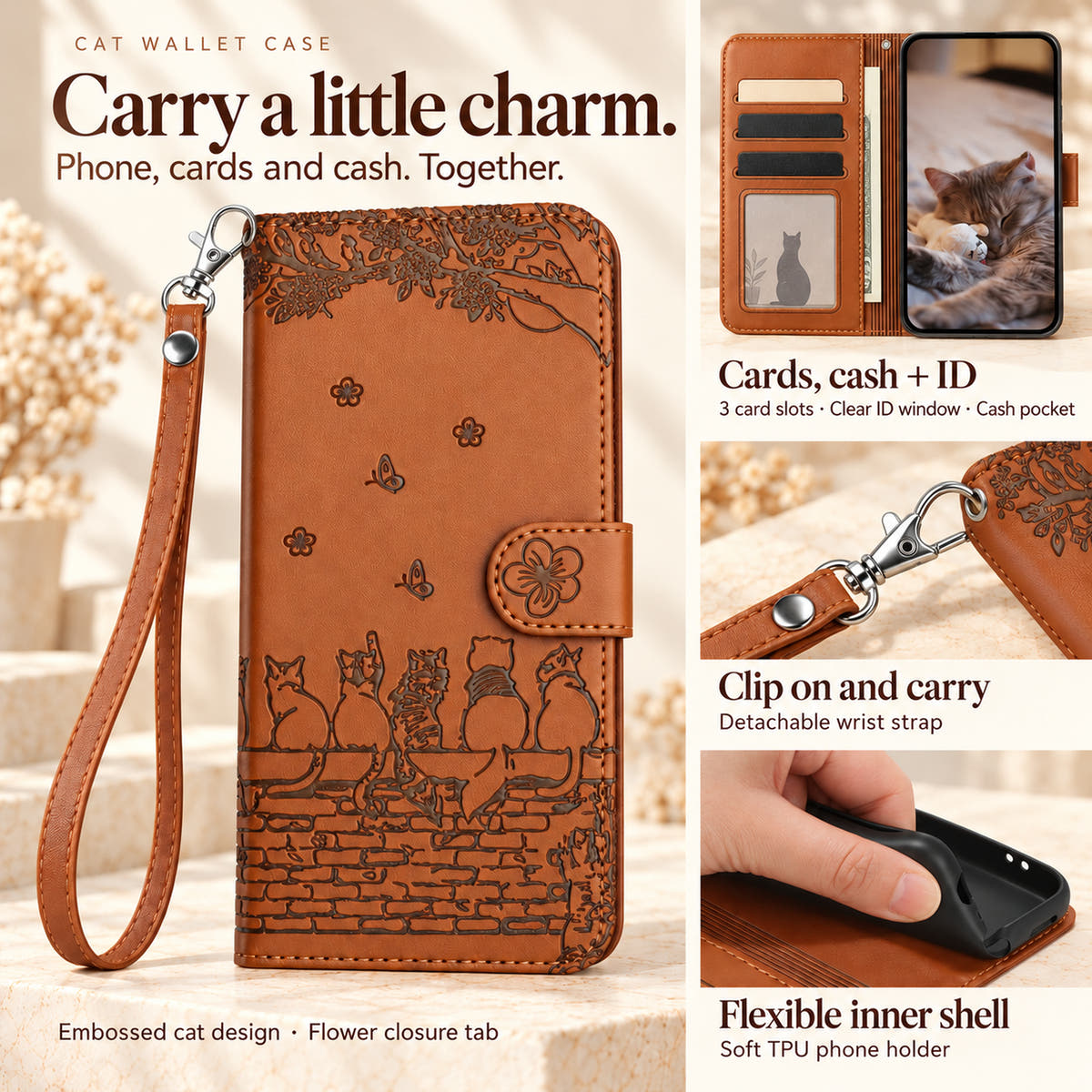 Cat Garden features: three card slots, clear ID window, cash pocket, detachable wrist strap and flexible inner phone holder.