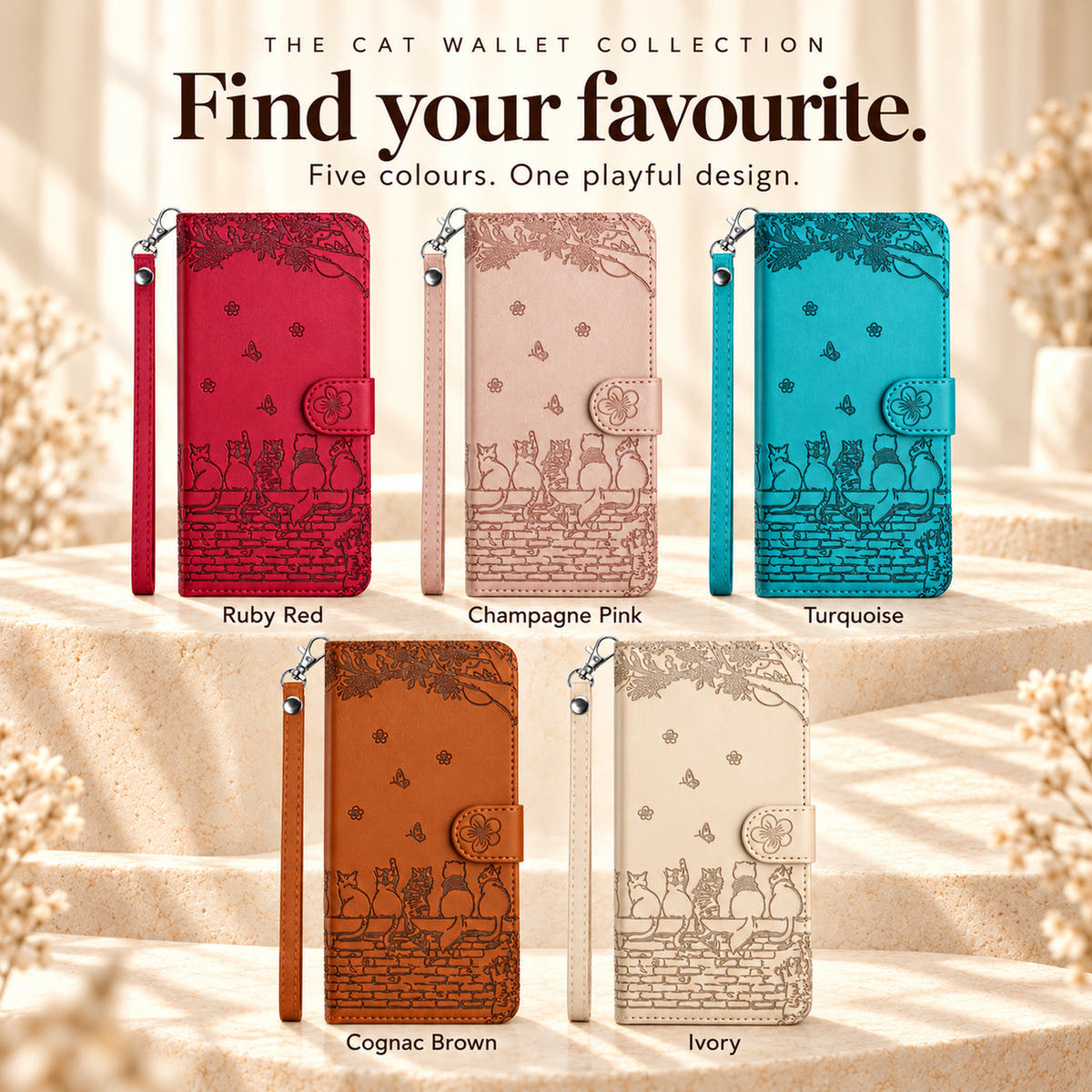 Cat Garden wallet cases in Ruby Red, Champagne Pink, Turquoise, Cognac Brown and Ivory, each with a matching wrist strap.