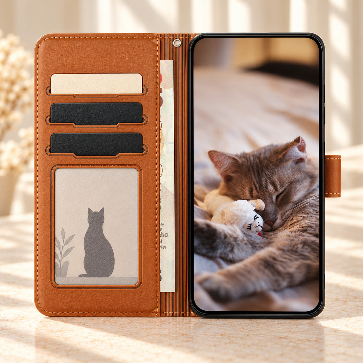 Open Cognac Brown Cat Garden wallet case showing three card slots, a clear ID window, cash pocket and inner phone holder.