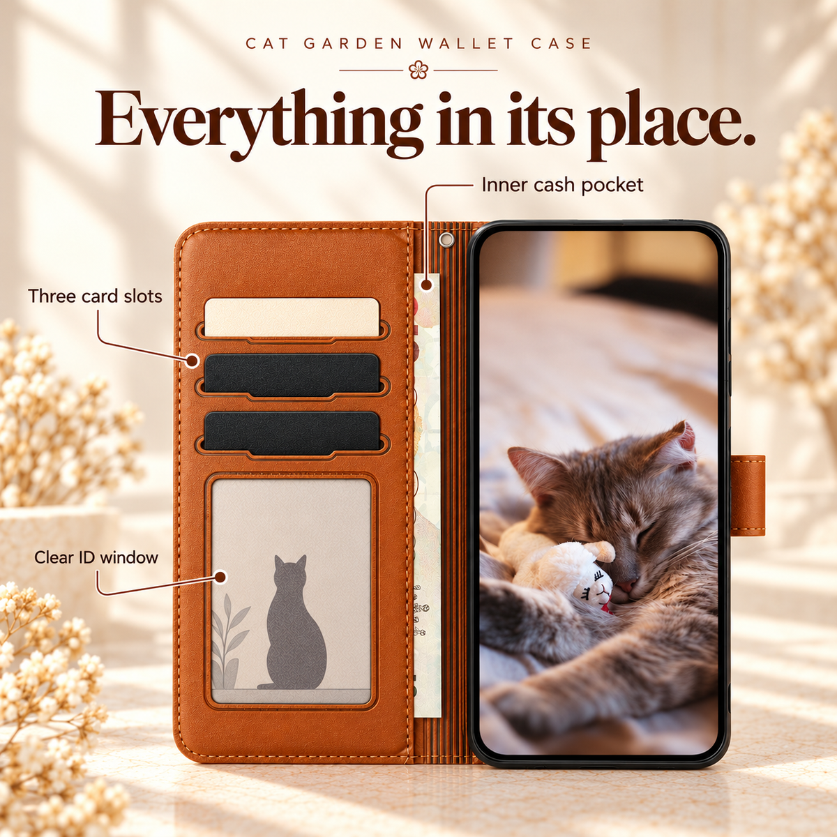 Cat Garden wallet storage guide showing the three card slots, clear ID window and inner cash pocket.